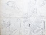 plusieurs croquis représentant un homme assis sur une chaise devant une fenêtre