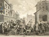 an old drawing of a crowd of people standing in front of a building