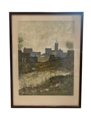 painting of a landscape with buildings and a river in the foreground