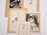 several drawings of a woman in a ball gown and a man in a tuxedo
