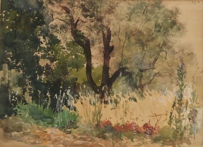 une peinture d'un arbre au milieu d'un champ