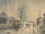 un tableau représentant des personnes marchant dans la rue avec des parapluies