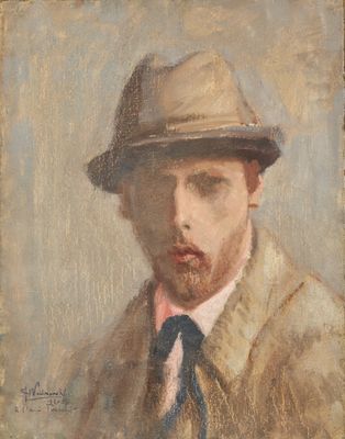 tableau représentant un homme portant un chapeau, un manteau et une cravate
