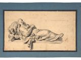 an old drawing of a man laying on the ground with his head in his hands