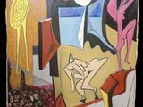 une photo d'un tableau représentant une femme et un oiseau posés sur une table