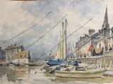 a watercolor painting of boats in a harbor
