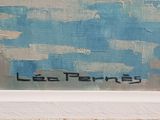 a painting of a blue sky with clouds in the background