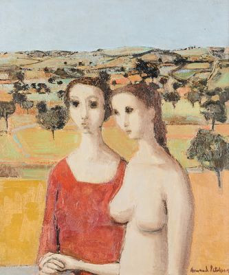 tableau représentant deux femmes debout l'une à côté de l'autre dans un champ