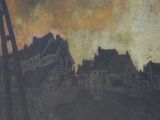 a painting of a street scene with buildings in the background