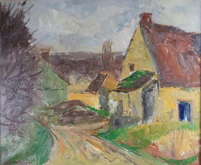 une peinture à l'huile représentant une maison jaune au toit rouge et un chemin de terre