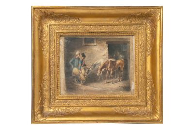 une peinture à l'huile représentant un homme et une femme en train de nourrir du bétail