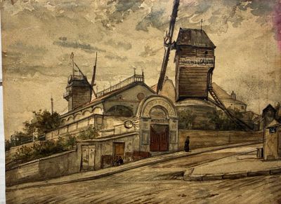 a painting of a windmill on the side of the road
