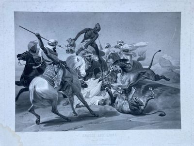 a black and white drawing of a man on a horse being chased by a group of men