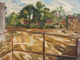 une peinture à l'huile représentant une vue d'une ferme depuis un balcon