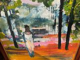 an oil painting of a woman walking down a path in the woods