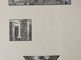 drawings of a city with a clock tower, a building and a clock tower