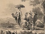 un dessin représentant une femme avec un panier sur la tête et deux vaches