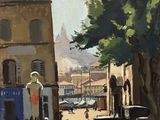 a painting of a fountain in the middle of a street