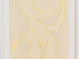 une image représentant un dessin jaune d'une femme dans un cadre blanc