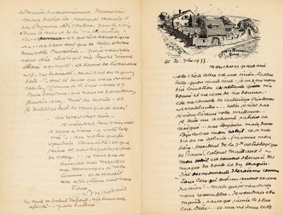 un livre ouvert avec, en arrière-plan, le dessin d'une ferme et d'une maison
