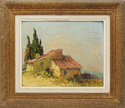 un tableau représentant une maison sur une colline, avec des arbres en arrière-plan