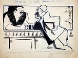 drawing of a woman sitting at a bar talking to a man sitting at a counter