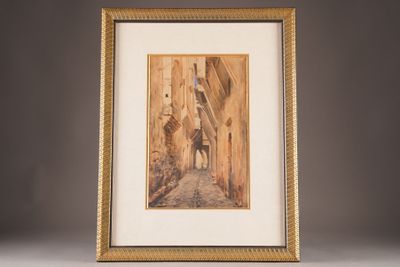 framed picture of a street scene with a dog and a building