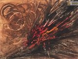 abstract painting of a bunch of red and black flowers on a brown background
