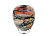 a glass vase with a multicolored design on it