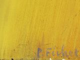 an image of a painting of a yellow square with blue writing on it