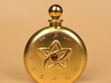 an image of a gold flaskt with a red stone in the center