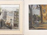 two paintings of a city street with buildings in the background