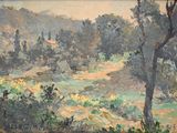 une image d'un tableau représentant un paysage avec des arbres au premier plan