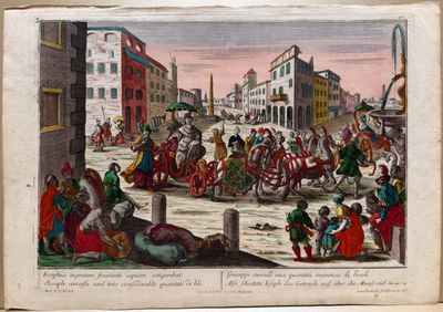 an old book with a drawing of a crowd of people on the street