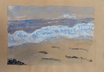 a painting of a beach scene with waves coming in