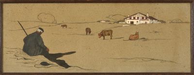 an image of a painting of a man sitting in a field with cows