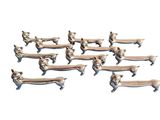 a lot of dachshunds that are lined up on a table