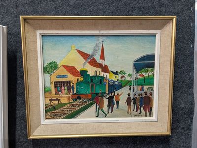 a painting of a train on display in a museum