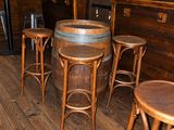 three wooden stools in the corner of a bar
