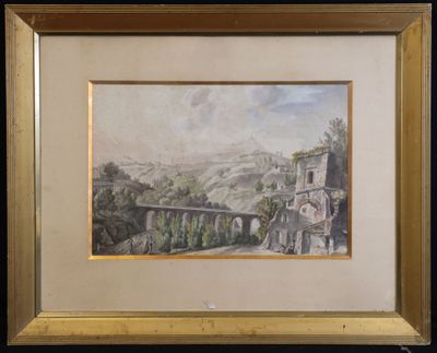 une image représentant une aquarelle représentant la vue d'un pont