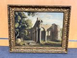 a painting of a painting of an old building in a gold frame