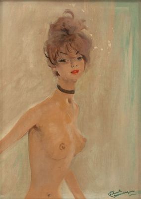 une image représentant un tableau d'une femme nue portant un collier ras-du-cou noir