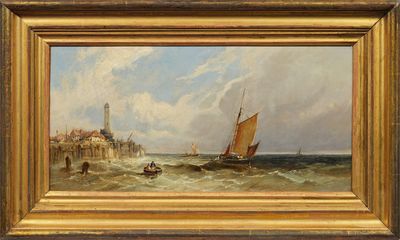 une image représentant un tableau montrant des bateaux sur l'eau près d'un phare