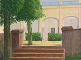 tableau représentant un escalier menant à un bâtiment, avec des arbres au premier plan