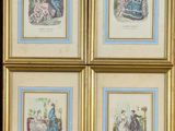 four framed pictures of women in period dress sitting on a bench