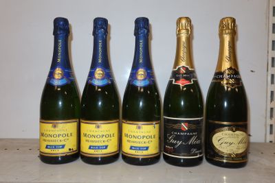 six bouteilles de champagne sont alignées sur un plan de travail