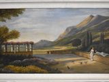 a painting of a woman walking down a path