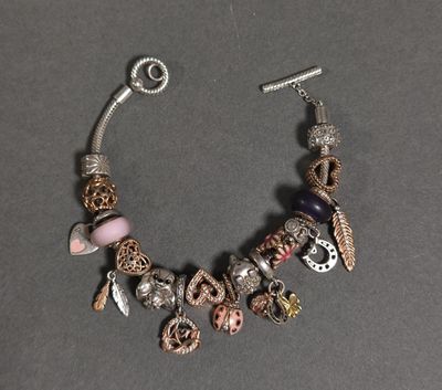 un gros plan sur un bracelet orné de diverses breloques