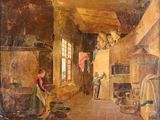 tableau représentant une femme et un enfant dans une cuisine, avec des casseroles et des poêles