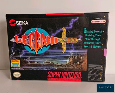 La boîte du jeu Nintendo « Legend of the Sword » est posée sur une table.